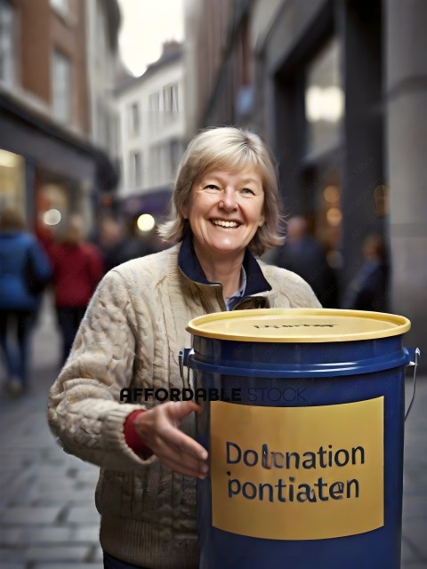A woman holding a blue bucket with the word Dolentation on it