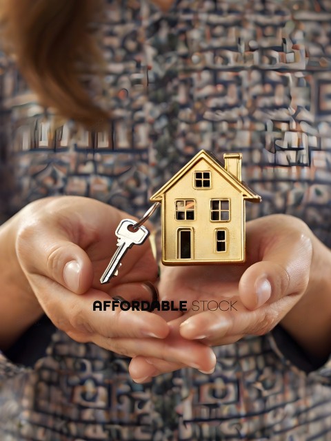 A person holding a house key and a miniature house key