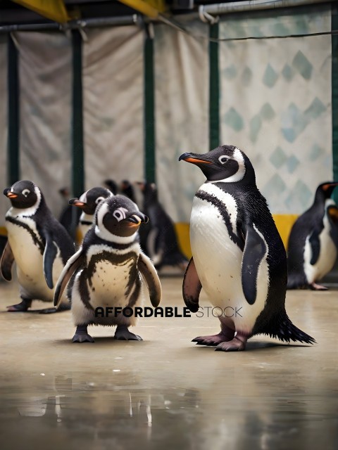 Penguins in a zoo, two standing, one sitting
