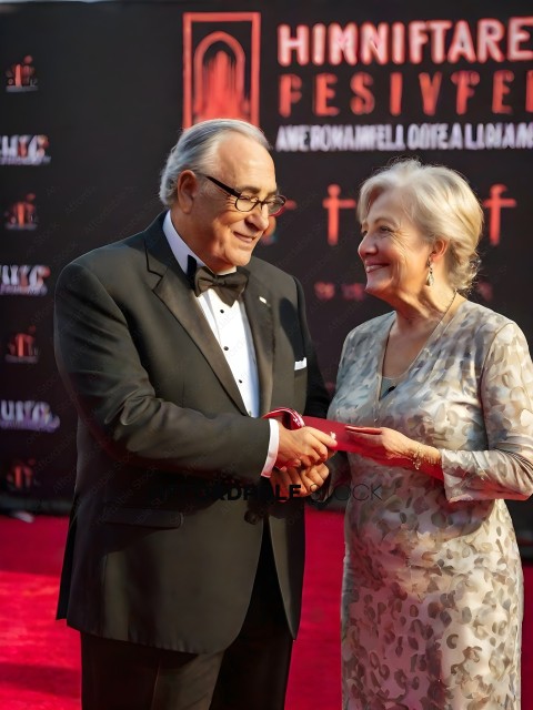 A man and woman in formal attire shake hands