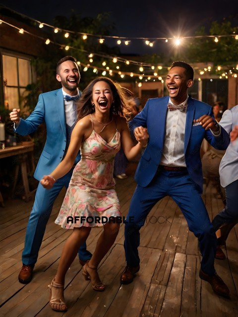 Three people in formal wear dancing and laughing