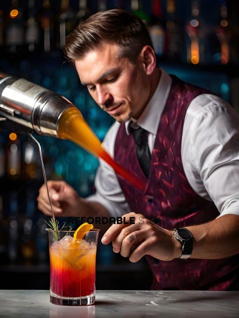 Bartender pouring a colorful drink into a glass