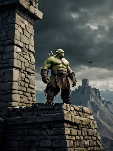 A green monster stands on a rocky outcropping