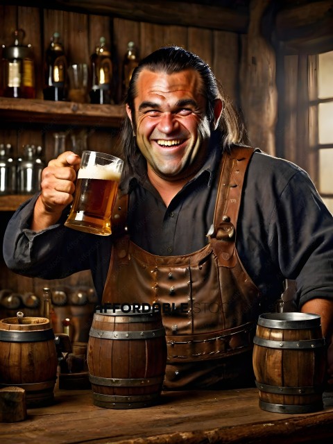 A man in a brown apron holding a mug of beer