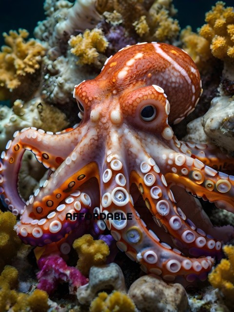 An orange and white octopus with blue eyes