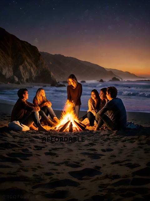 A group of young adults sit around a fire on the beach