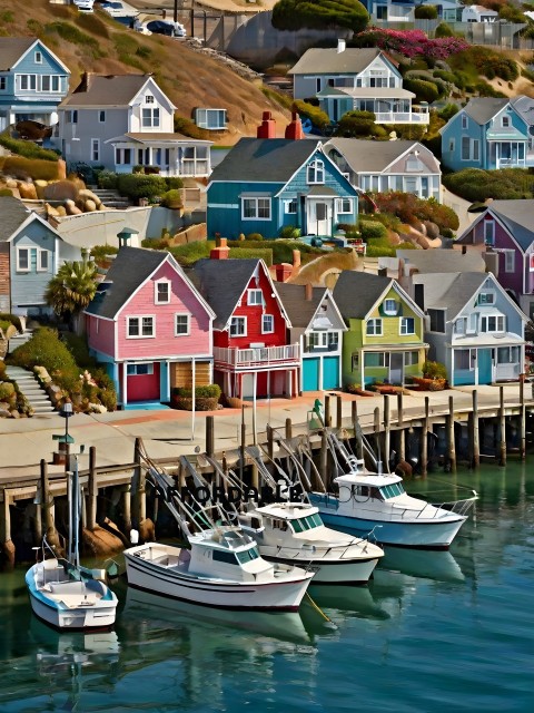 Colorful houses on a hillside with boats in the water