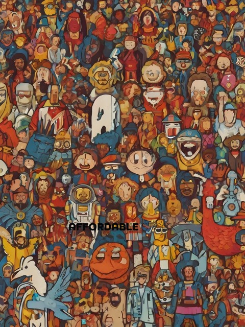 A colorful crowd of people and animals