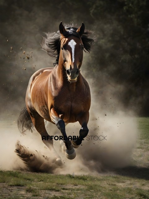 A brown horse running through the dirt