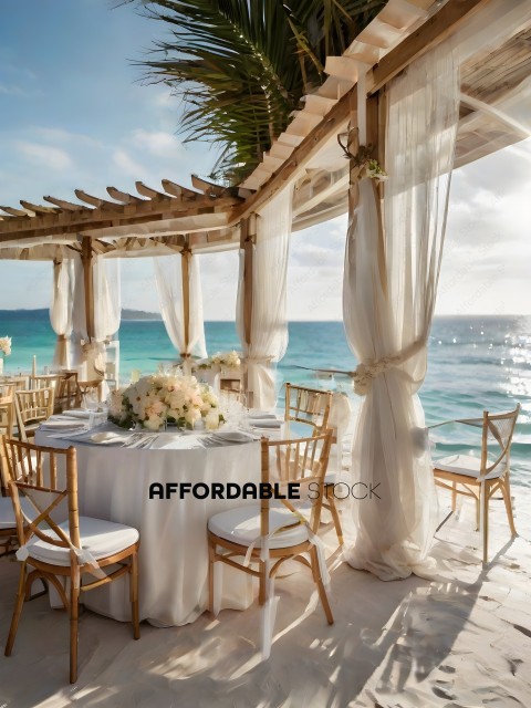 A beautifully set dining area with a view of the ocean