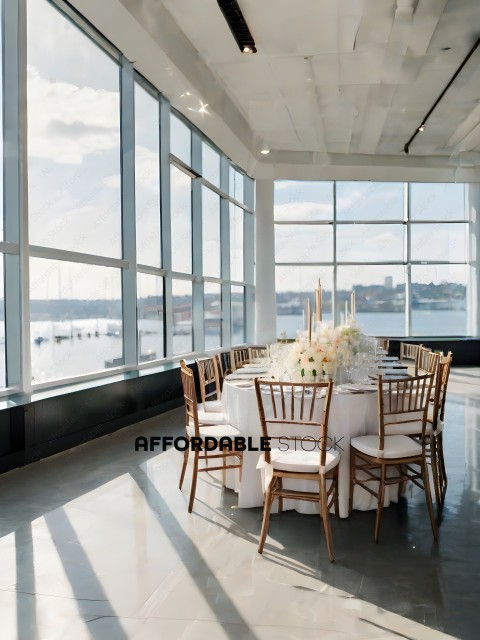 A beautifully set dining room table with a view of the water