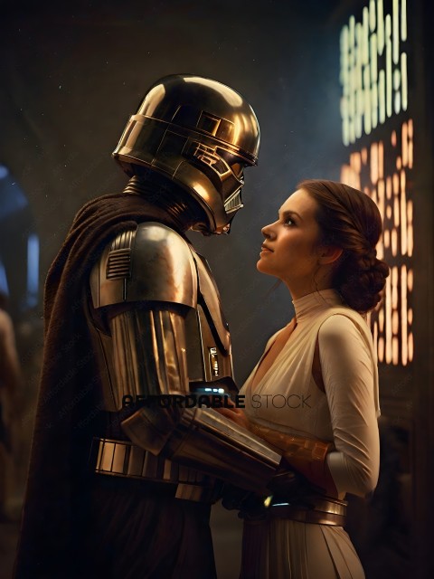A man in a Star Wars costume and a woman in a white dress