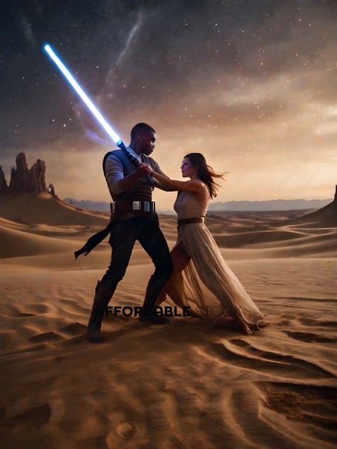 A man and woman dancing in the desert with a light saber