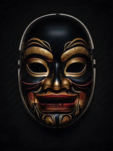 A black and gold mask with a face on it