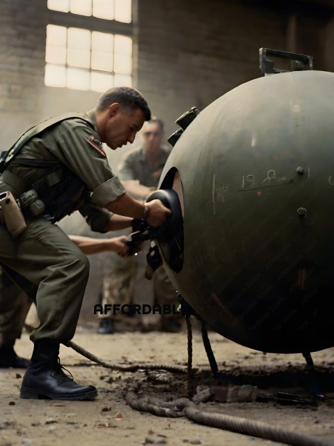 Soldiers working on a large object