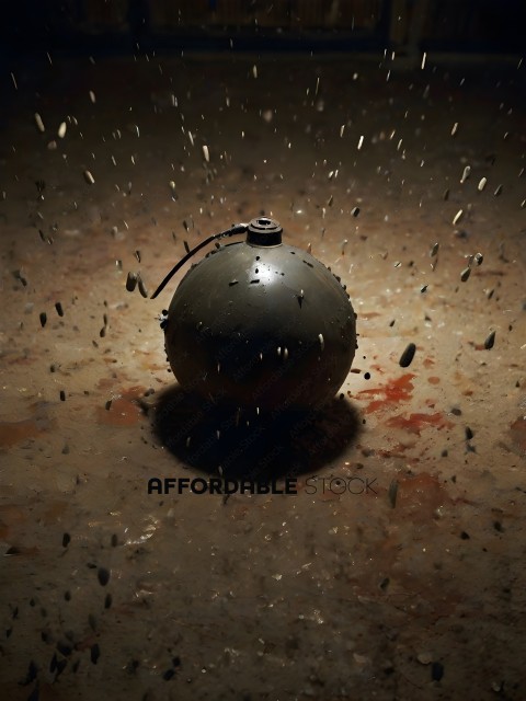 A bomb on the ground with a lot of dirt and debris flying around it