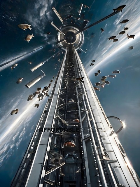 A futuristic city scene with a space elevator and flying objects
