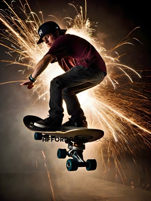 A skateboarder doing a trick in front of fireworks