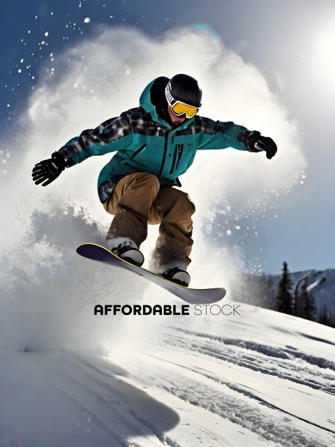 Snowboarder in mid-air, wearing a blue jacket and goggles