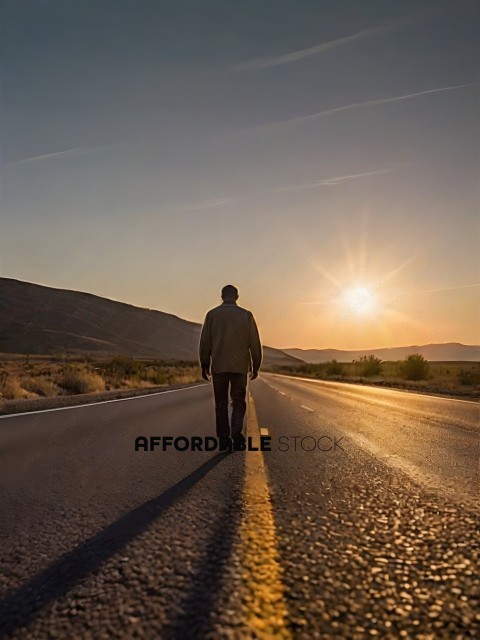 A man walks down a road at sunset