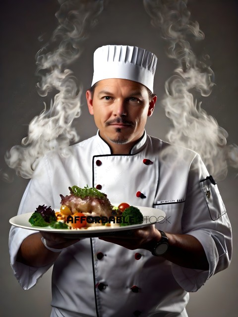 A chef holding a plate of food with steam coming out of his head