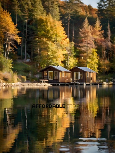 Two small cabins on a lake with trees in the background