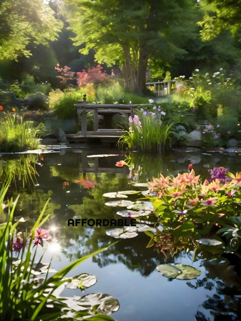 A serene garden scene with a pond, flowers, and a wooden bench