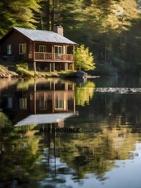 A reflection of a cabin in the water