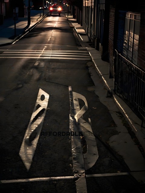 A view of a street with a shadow of a bicycle on the ground