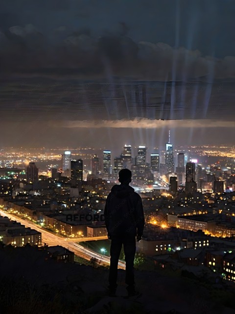 A man standing on a hill looking at a city at night