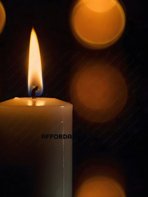 A candle with a flame in the middle of a dark background
