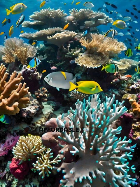A colorful coral reef with a variety of fish and coral