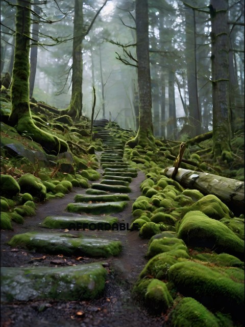 A mossy pathway with a staircase leading upward