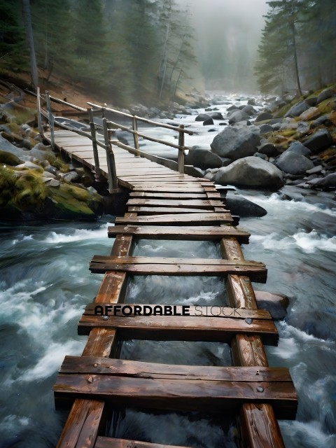 A wooden bridge over a river with water flowing beneath it
