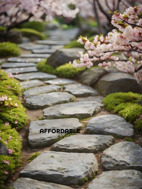 A pathway made of rocks and moss