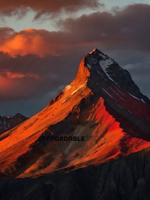 A mountain with a red and orange sunset