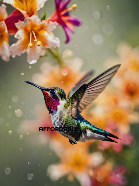 A hummingbird in flight with a flower in the background