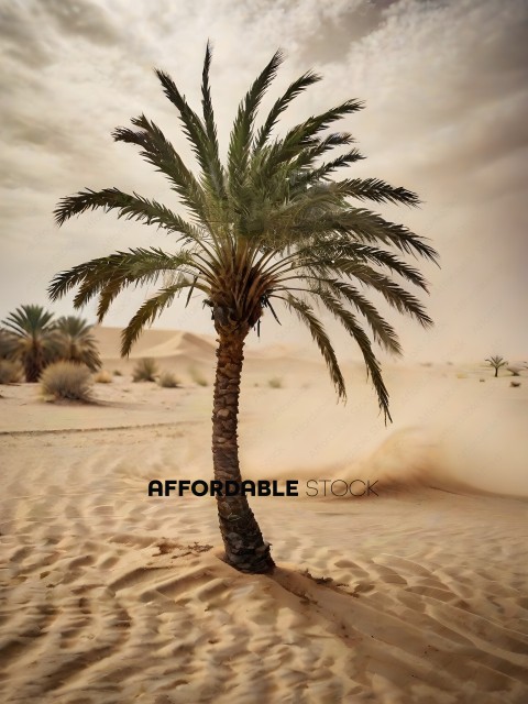 A palm tree in the desert with sand blowing around it