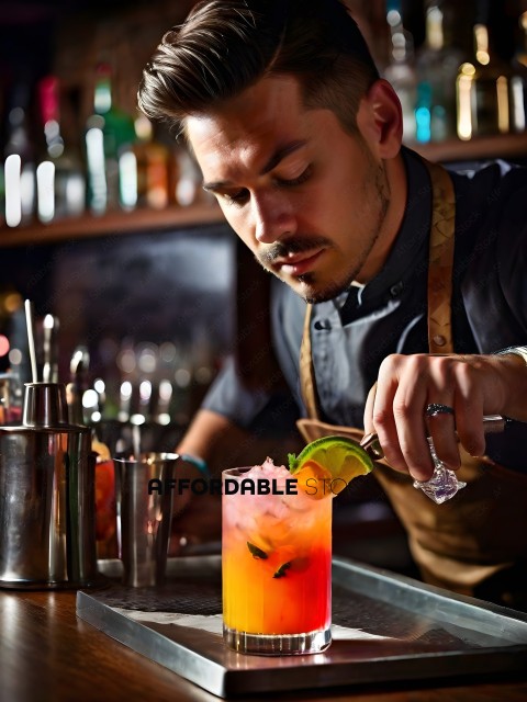 Bartender Mixing a Fruit Punch with a Straw