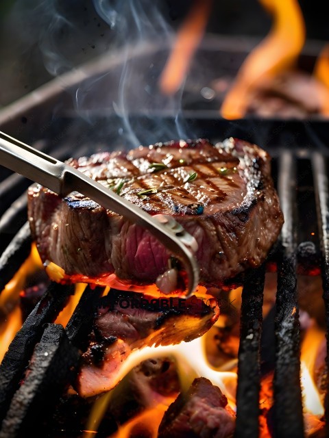 Steak being cooked on a grill with a knife