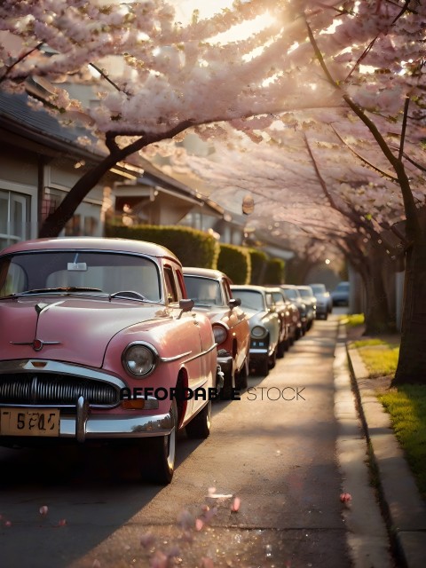 Pink car parked on a street lined with other cars