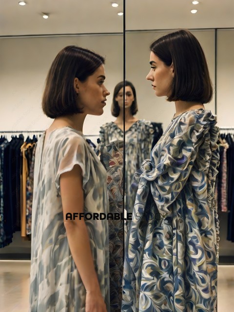 Two women in a clothing store looking at each other in the mirror