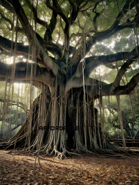 A large tree with many branches and roots