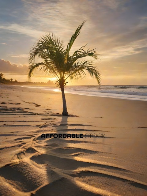 Palm Tree Shadow on Sandy Beach at Sunset