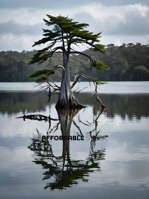 A reflection of a tree in a lake