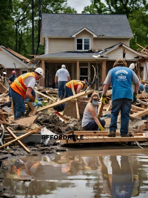 Workers rebuild a house after a disaster