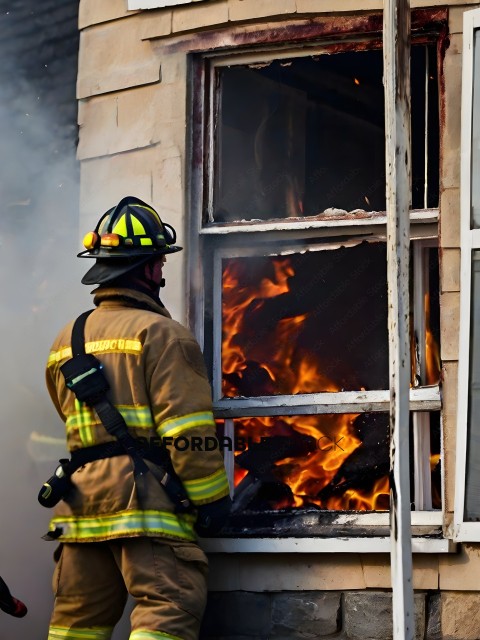 Firefighter looking into a burning building