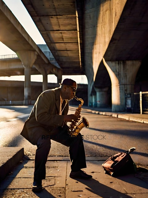 A man playing a saxophone on the side of the road