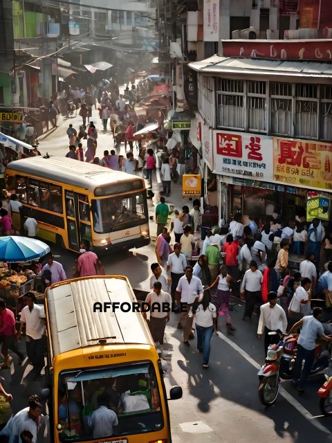 A busy street with people and buses