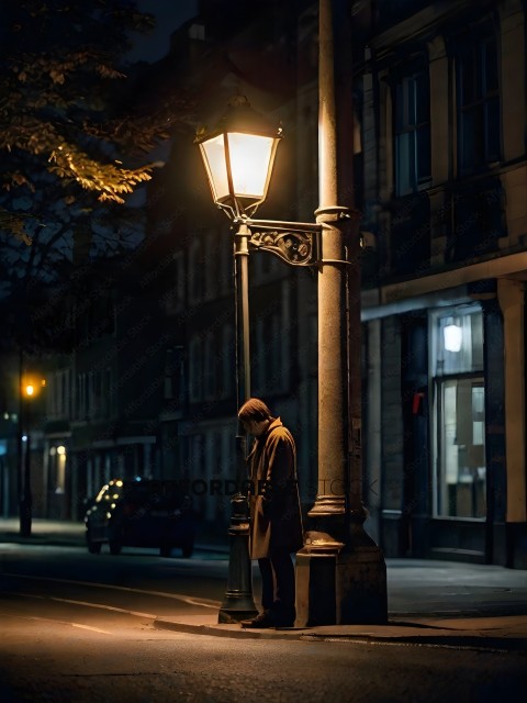 A man standing alone at night in front of a lamp post